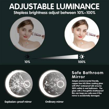 ExBrite 30 Inch Round Bathroom Mirror LED Bathroom Anti-Fog Dimmable