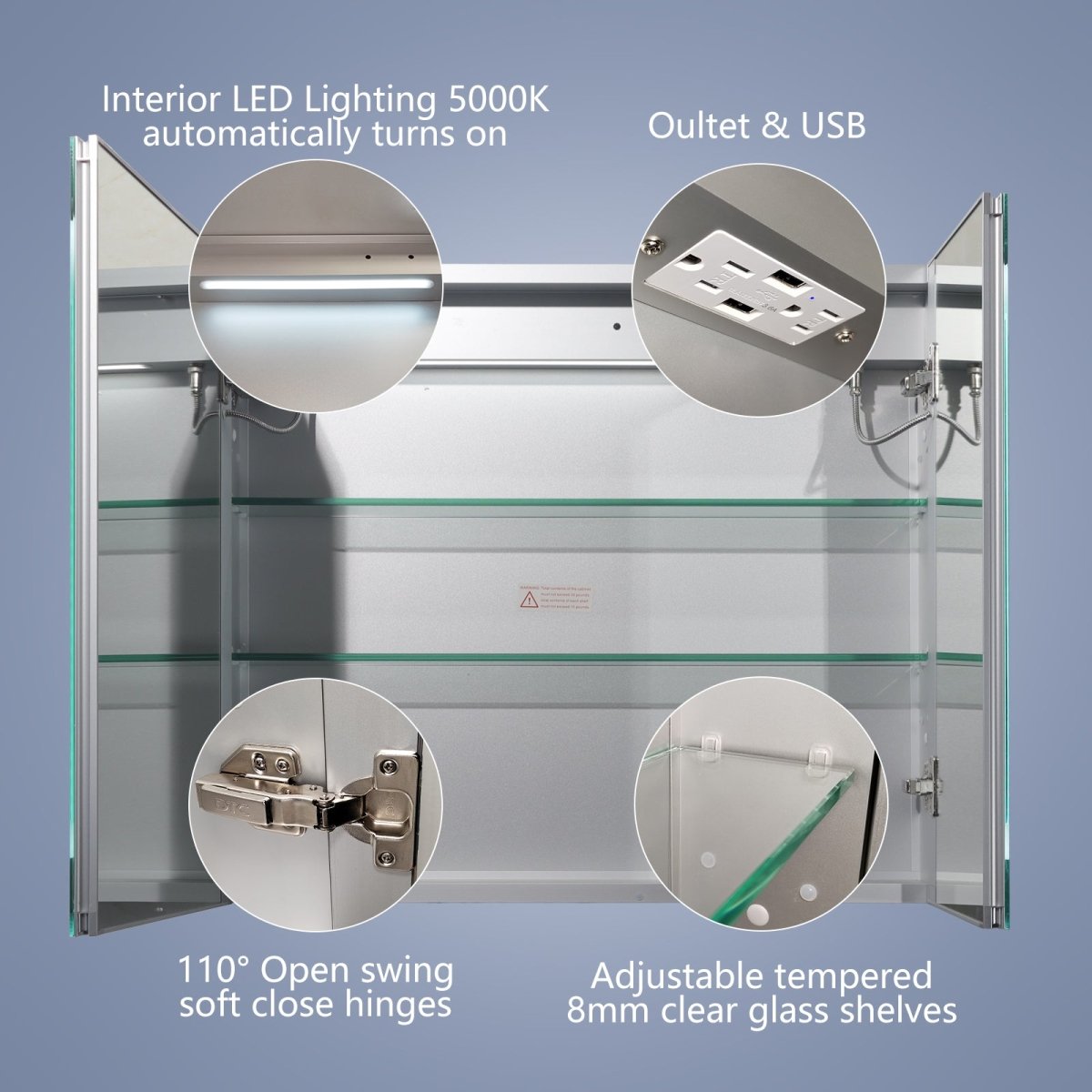 Boost-M1 30" W x 30" H Square Led Lighted Mirror Medicine Cabinet Recessed or Surface Mount,Defog