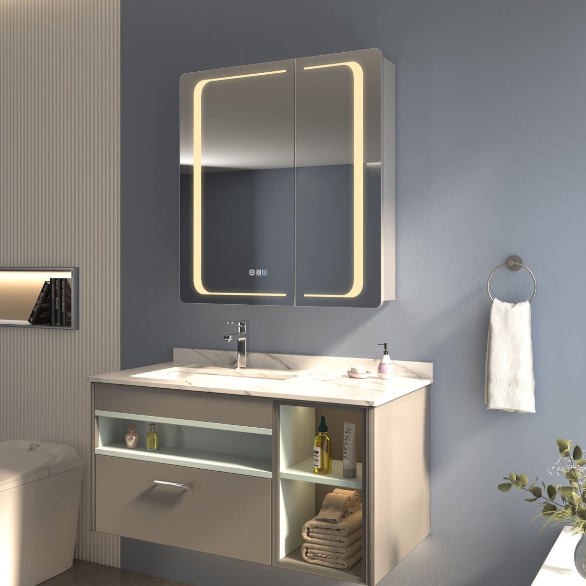 ExBrite 30" W x 32" H LED Lighted Bathroom Medicine Cabinet with Mirror Recessed or Surface Mounted LED Medicine Cabinet