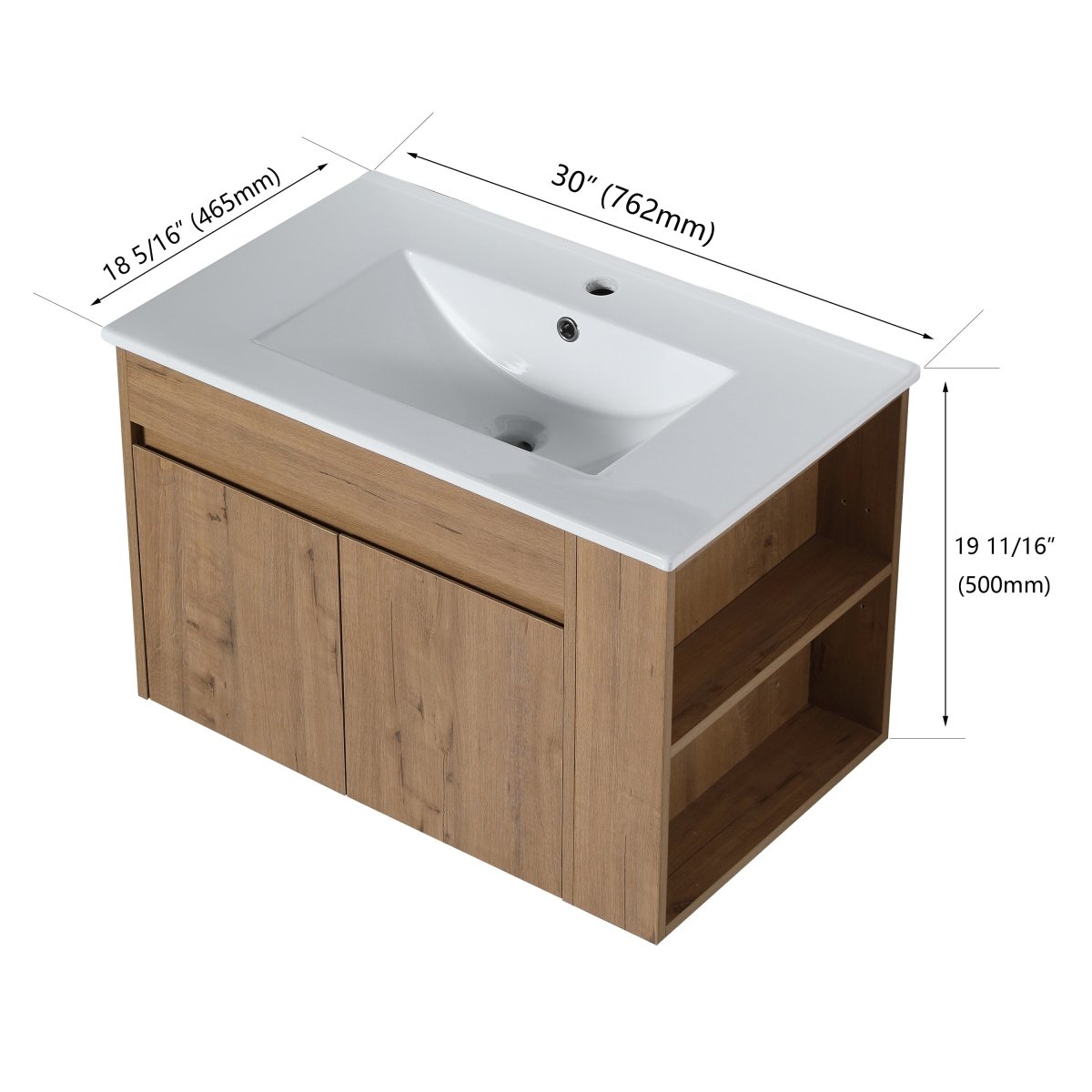 ExBrite 30" Wall Mount Floating Vanity with White Ceramic Basin and Adjust Open Shelf