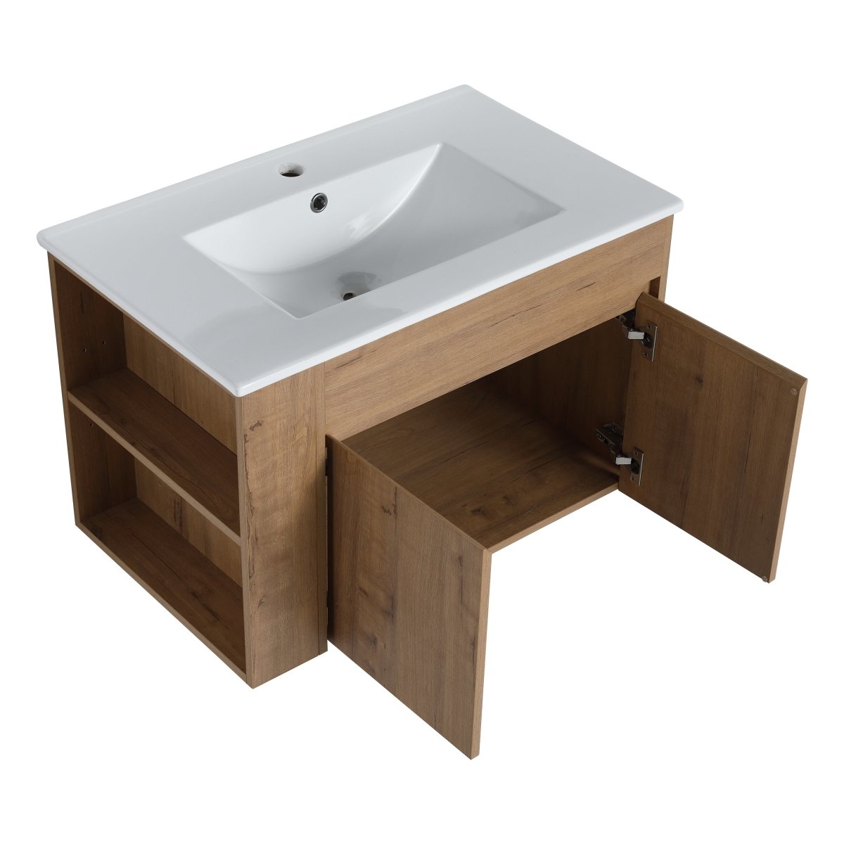 ExBrite 30" Wall Mount Floating Vanity with White Ceramic Basin and Adjust Open Shelf