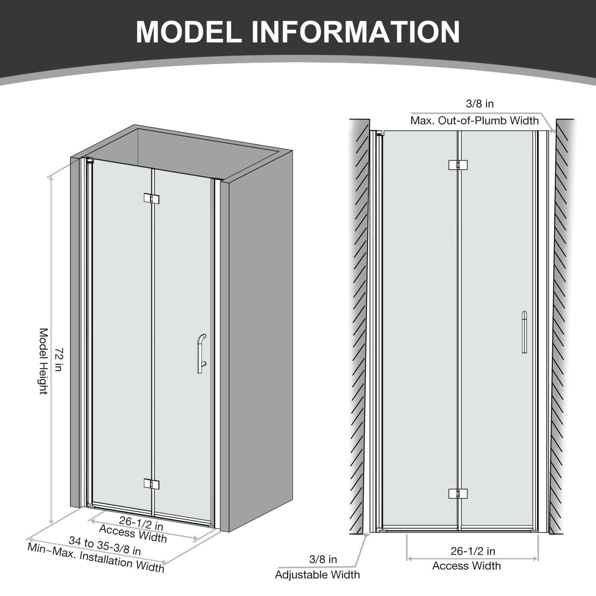 ExBrite 34-35 1/2" W x 72" H Folding Semi-Frameless Swing Hinged Shower Doors in Black - ExBriteUSA