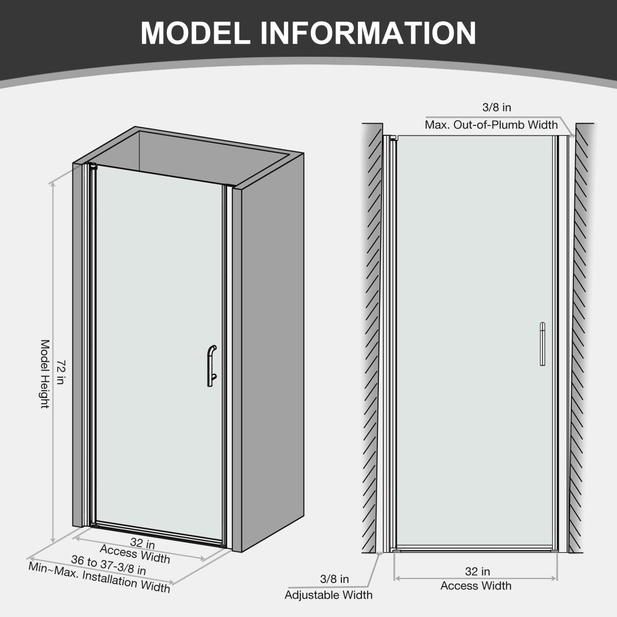 Classy 36-37 1/2" W x 72" H Pivot Semi-Frameless Glass Shower Door in Black