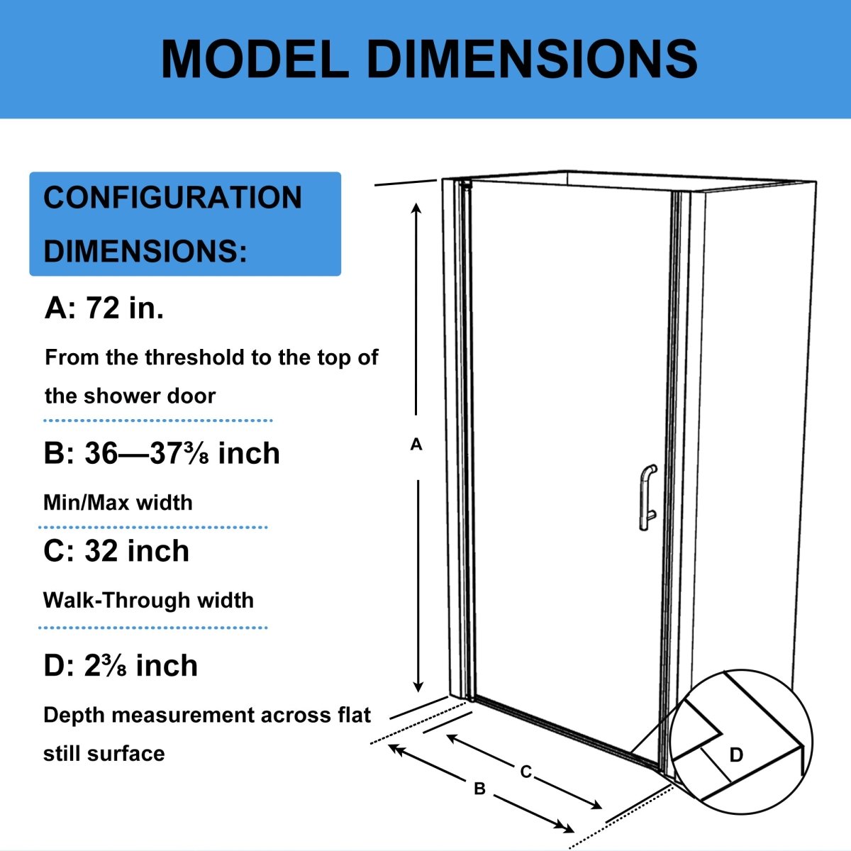 Chic 36-37 1/2" W x 72" H Pivot Shower Door Matte Black Frosted Glass Shower Door with Handle