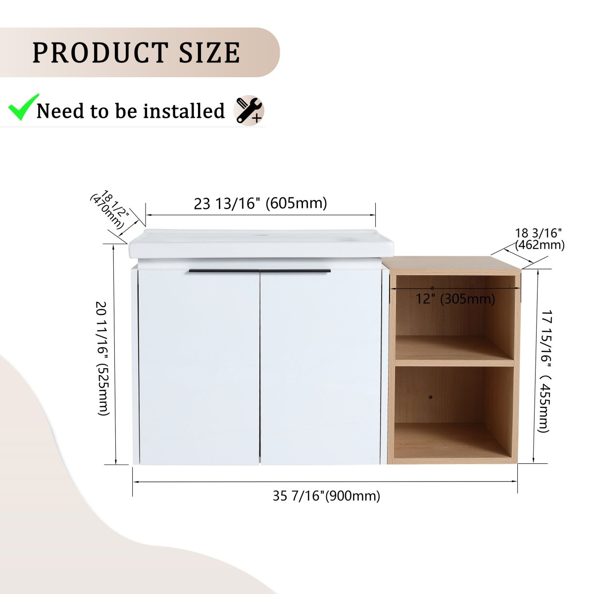 Exbrite 36 Inch Soft Close Doors Bathroom Vanity With Sink, and A Small Storage Shelves
