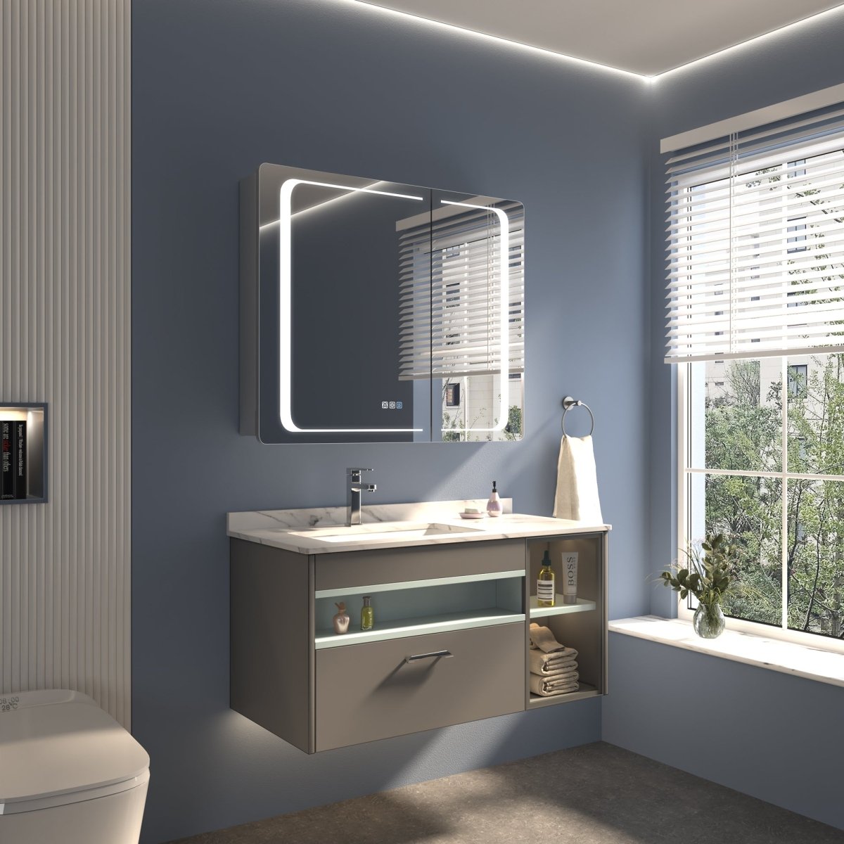 ExBrite 36" W x 30" H LED Lighted Bathroom Medicine Cabinet with Mirror Recessed or Surface Mounted LED Medicine Cabinet