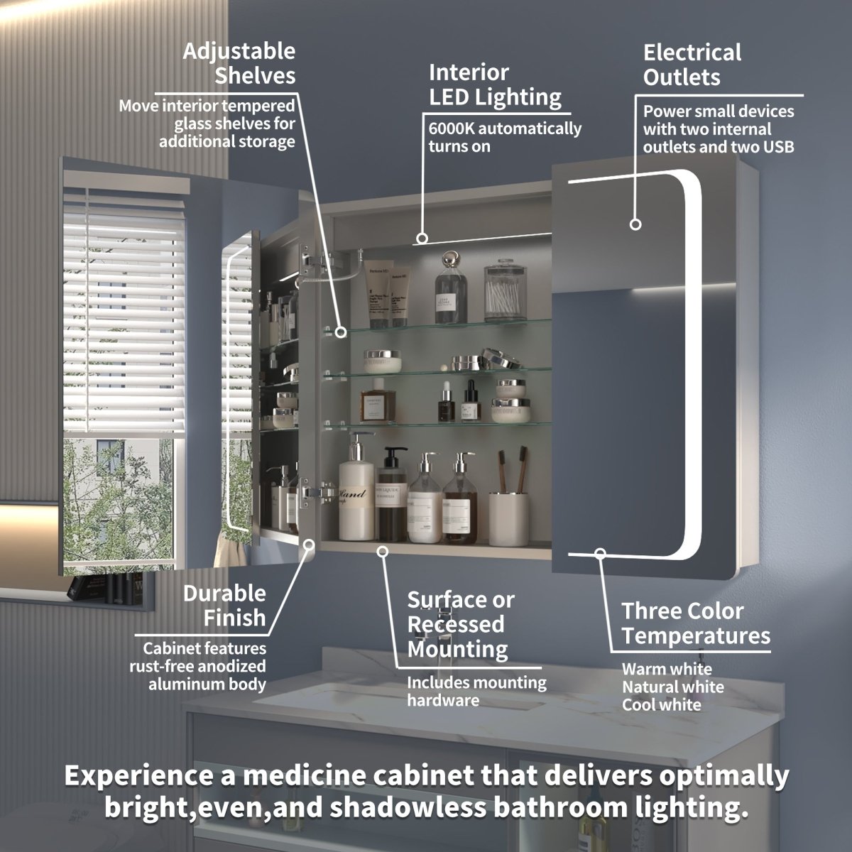 ExBrite 36" W x 30" H LED Lighted Bathroom Medicine Cabinet with Mirror Recessed or Surface Mounted LED Medicine Cabinet