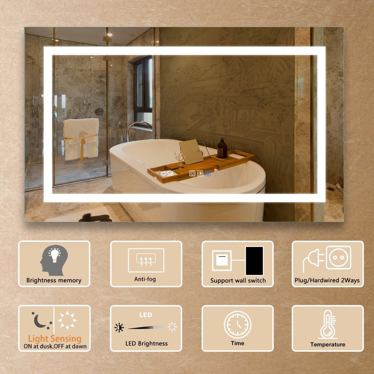 ExBrite 40" W x 24" H Bathroom Led Light Mirror Anti Fog with Digital Clock Lighted Vanity Mirror - ExBriteUSA