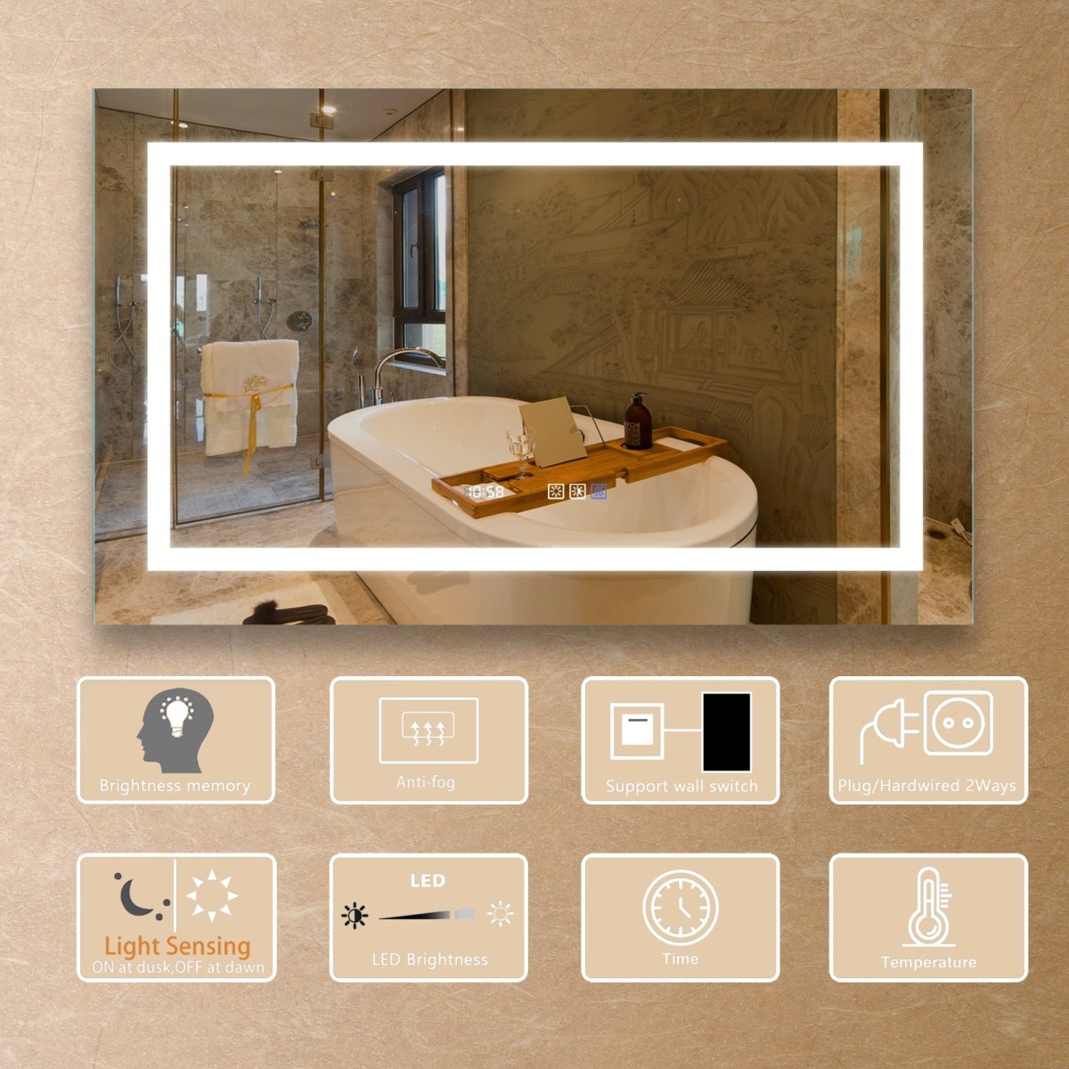 ExBrite 40" W x 24" H Bathroom Led Light Mirror Anti Fog with Digital Clock Lighted Vanity Mirror - ExBriteUSA