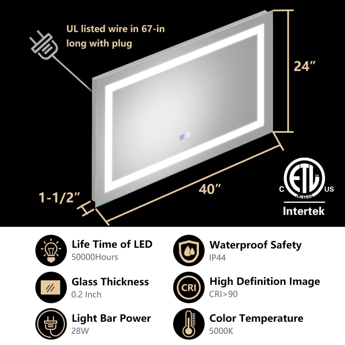 Ascend-M1s 40" W x 24" H,Anti Fog,Dimmable,LED Bathroom Mirror