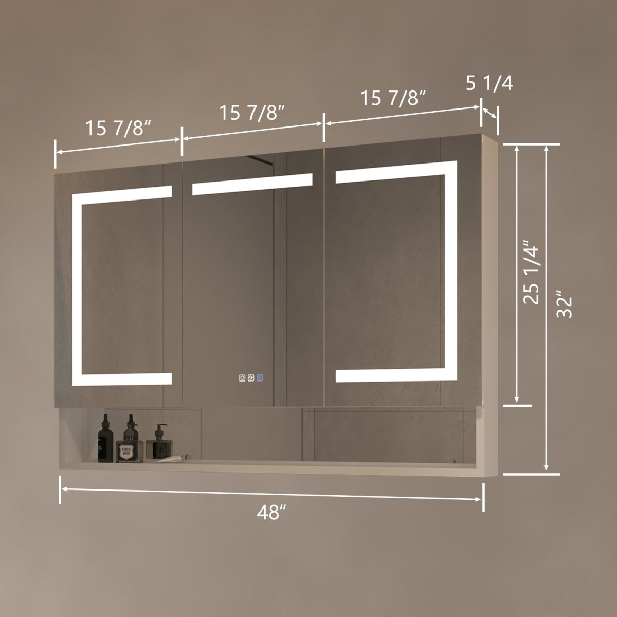 Ample 48" W x 32" H LED Lighted Mirror Chrome Medicine Cabinet with Shelves for Bathroom Recessed or Surface Mount