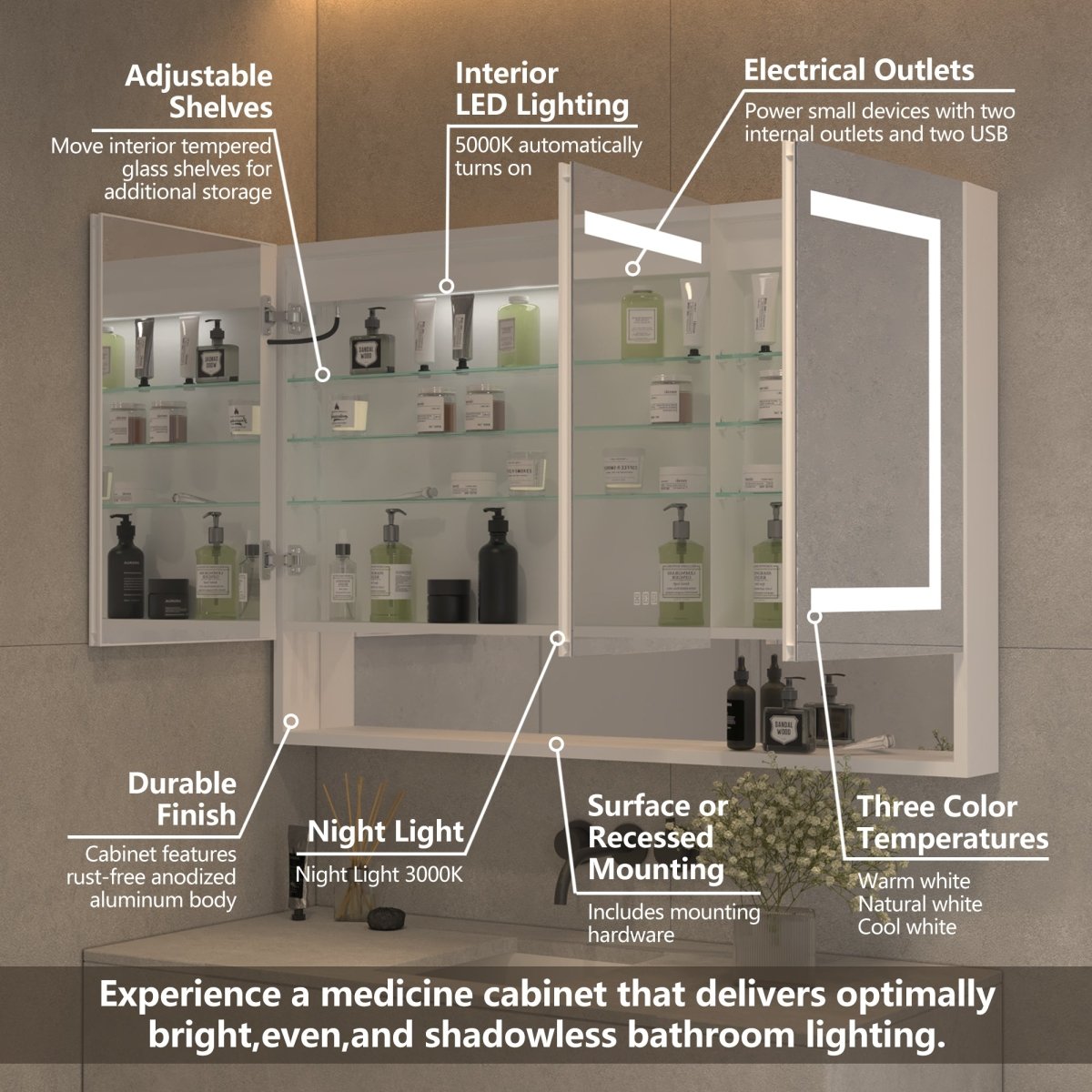 ExBrite 48" W x 32" H LED Lighted Mirror Chrome Medicine Cabinet with Shelves for Bathroom Recessed or Surface Mount - ExBriteUSA