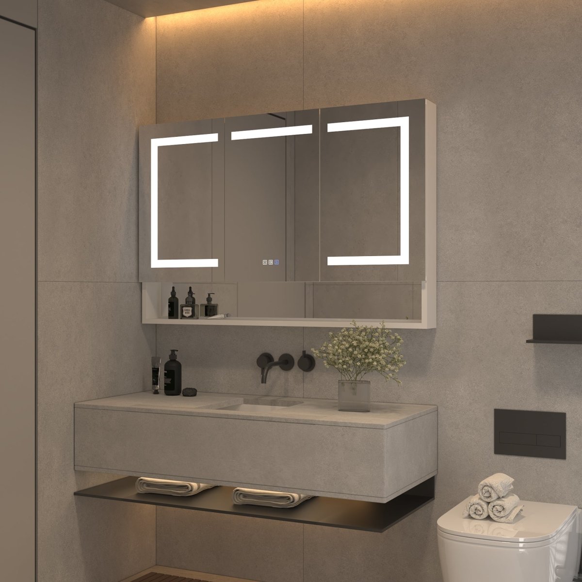 ExBrite 48" W x 32" H LED Lighted Mirror Chrome Medicine Cabinet with Shelves for Bathroom Recessed or Surface Mount - ExBriteUSA