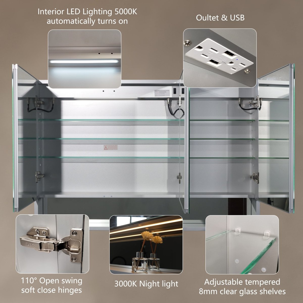 ExBrite 48" W x 32" H LED Lighted Mirror Chrome Medicine Cabinet with Shelves for Bathroom Recessed or Surface Mount - ExBriteUSA