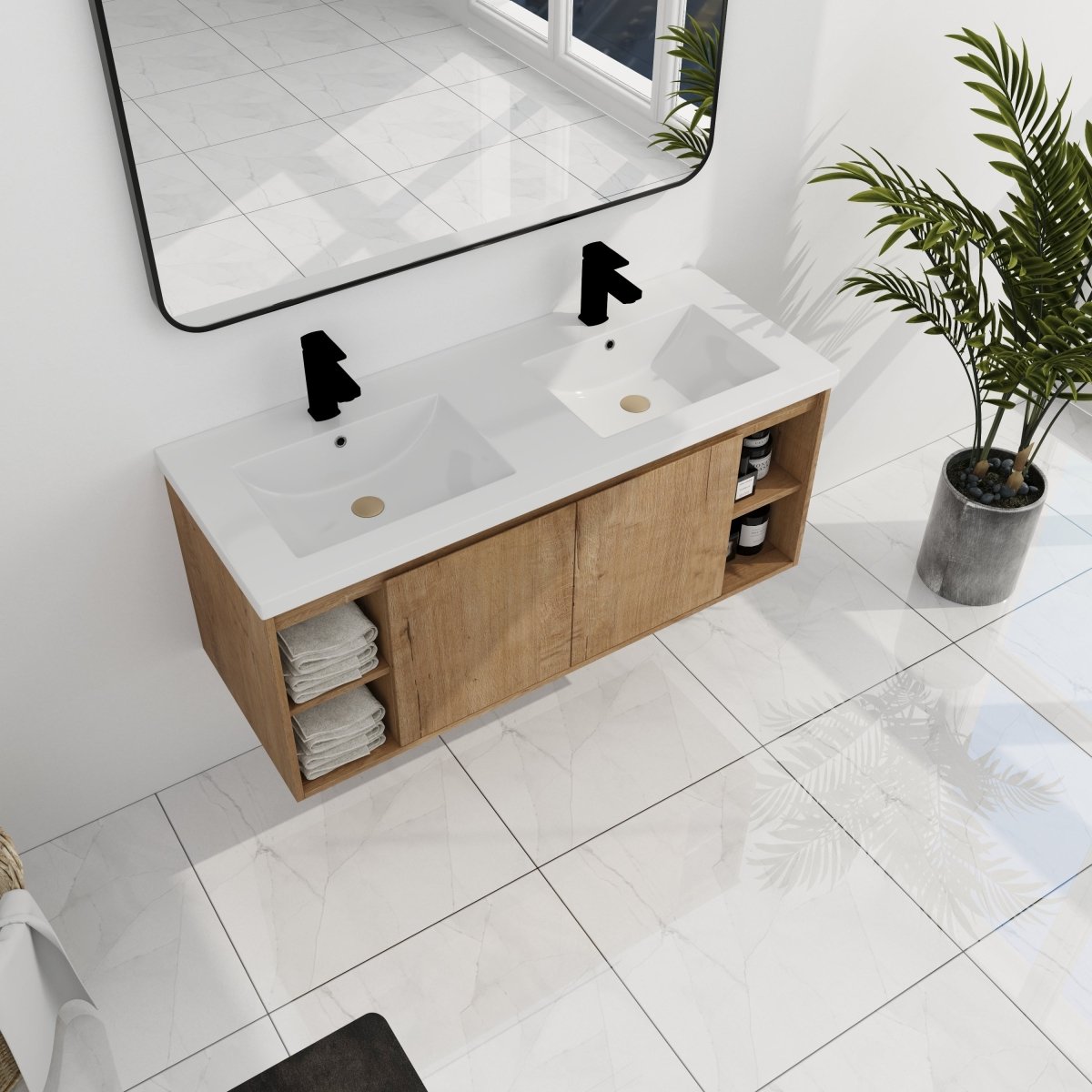 ExBrite 48" Wall Mounted Bathroom Vanity With Double Sink, Soft Closing Door Hinge