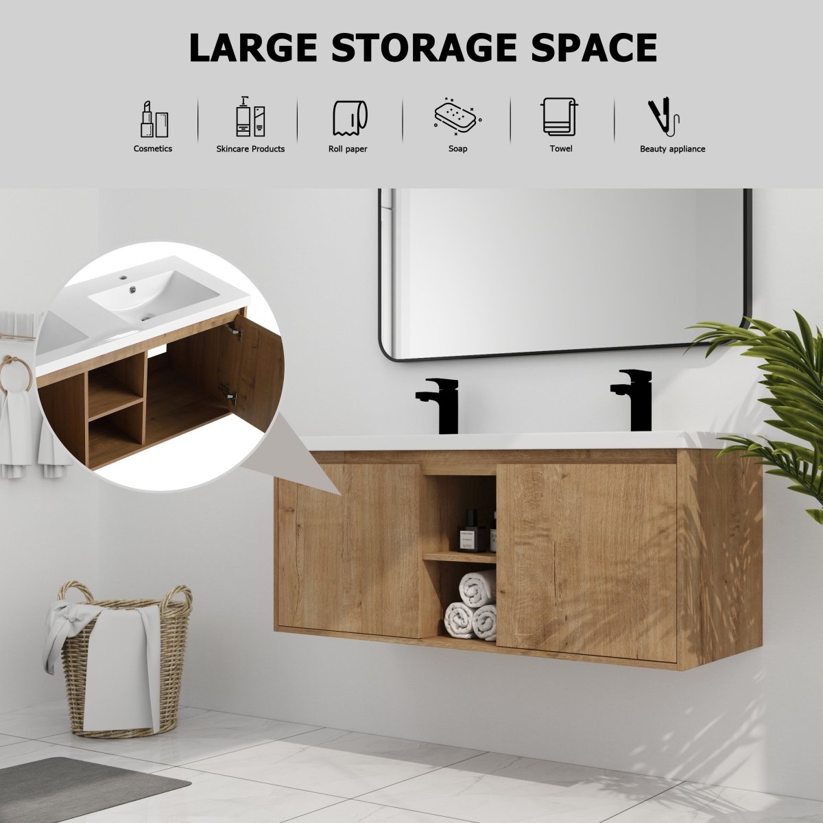 ExBrite 48" Wall Mounted Bathroom Vanity With Double Sink, Soft Closing Door Hinge