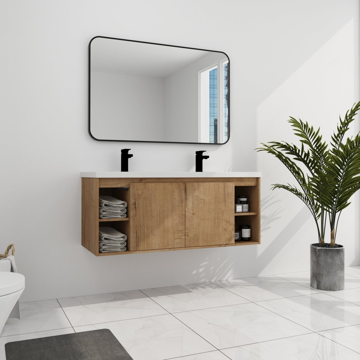 ExBrite 48" Wall Mounted Bathroom Vanity With Double Sink, Soft Closing Door Hinge