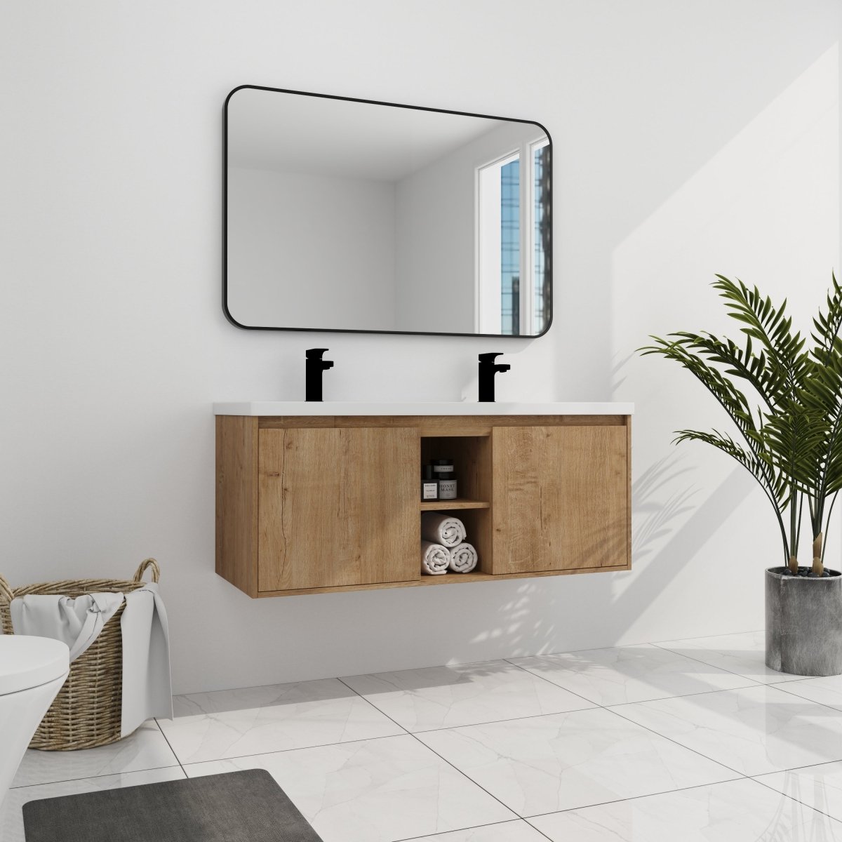 ExBrite 48" Wall Mounted Bathroom Vanity With Double Sink, Soft Closing Door Hinge