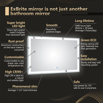ExBrite 48"W x 36"H LED Large Bathroom Mirror,Tempered Glass,Dimmable,Anti Fog