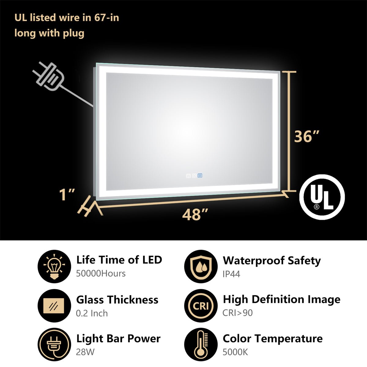 ExBrite 48"W x 36"H LED Large Bathroom Mirror,Tempered Glass,Dimmable,Anti Fog