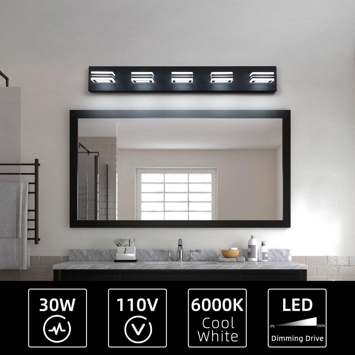 ExBrite 5-Light Bathroom Light Fixtures,LED Black Vanity Lights, Acrylic Matte Black Bathroom Vanity Lights,For Kitchen Living Room Hallway