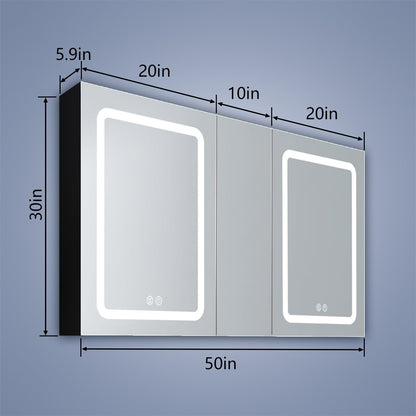 ExBrite 50 in. W x 30 in. H LED Bathroom Black Medicine Cabinet Surface Mount Double Door Lighted Medicine Cabinet Defogging Dimmer