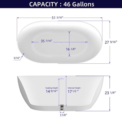 ExBrite 51" Acrylic Adjustable Bathtub with Integrated Slotted Overflow and Chrome Pop-up Drain Anti-clogging Gloss White - ExBriteUSA