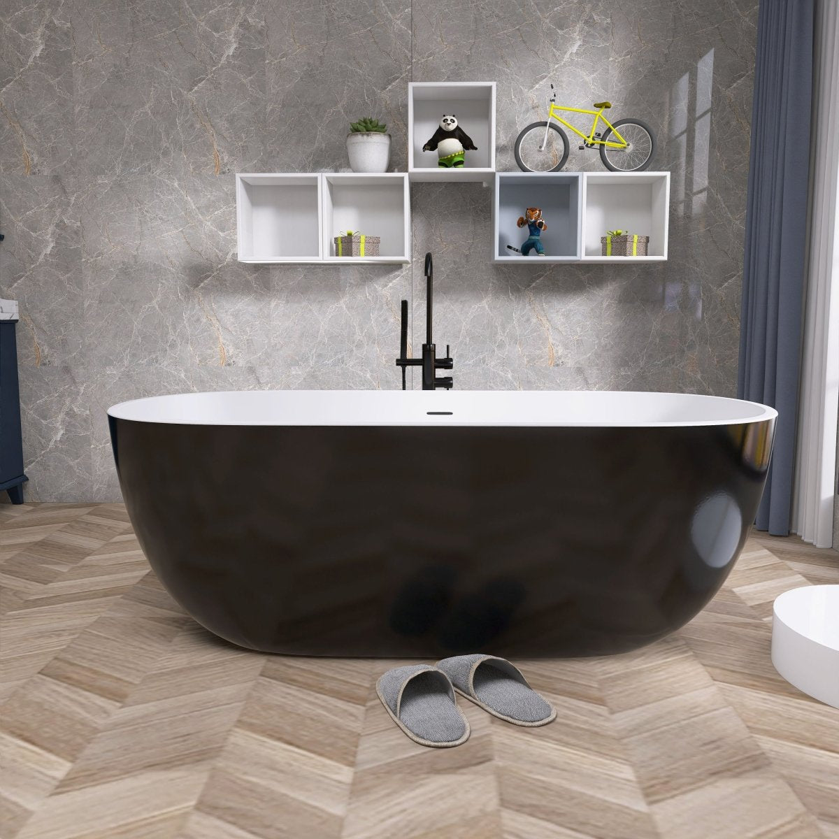 ExBrite 55" Acrylic Bathtub Free Standing Tub Classic Oval Soaking Tub Adjustable Freestanding Black