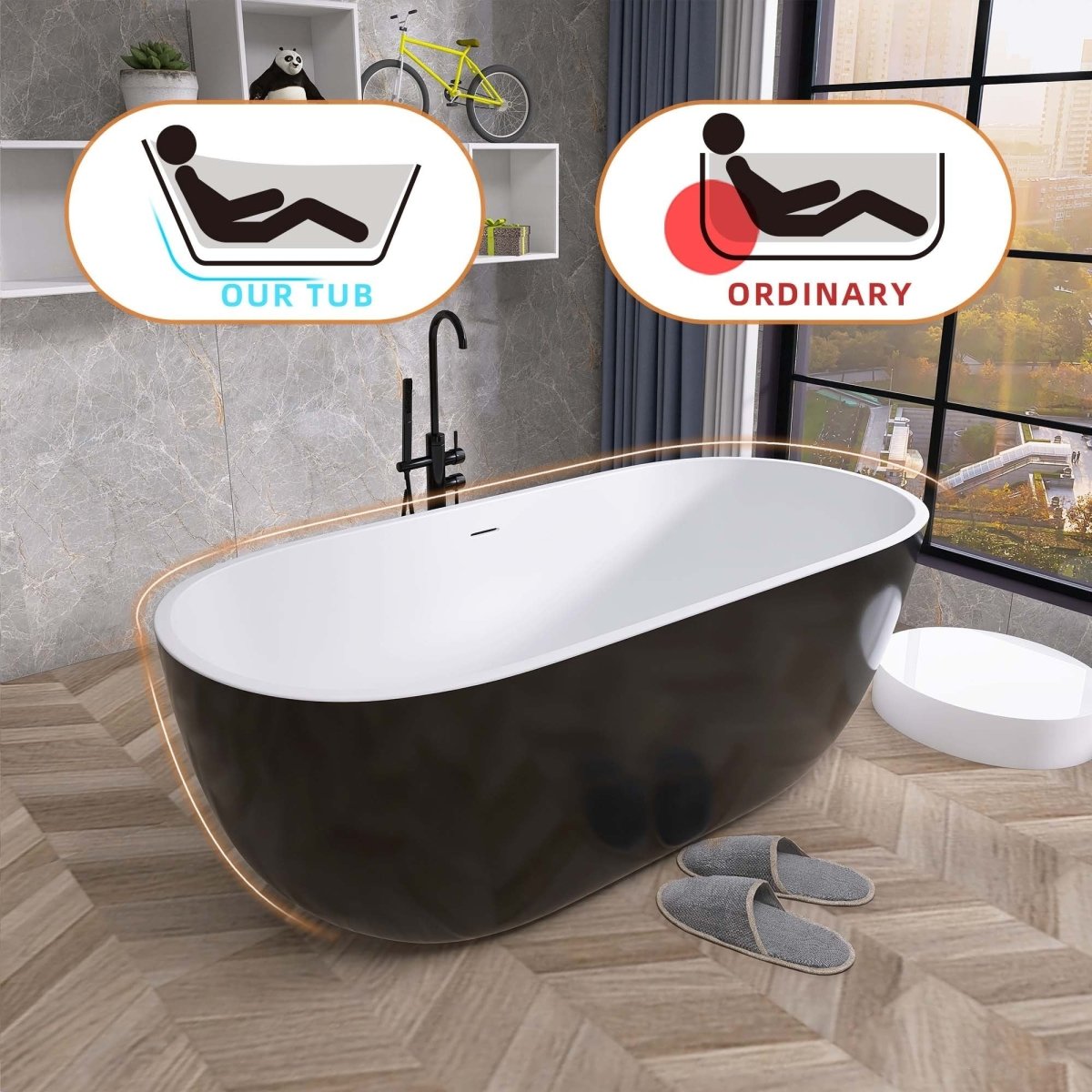 ExBrite 55" Acrylic Bathtub Free Standing Tub Classic Oval Soaking Tub Adjustable Freestanding Black - ExBriteUSA
