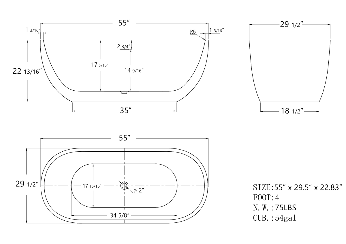 ExBrite 55" Acrylic Bathtub Free Standing Tub Classic Oval Soaking Tub Adjustable Freestanding Black