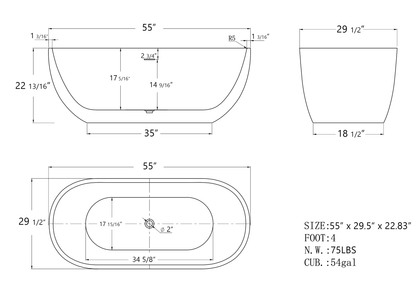 ExBrite 55" Acrylic Bathtub Free Standing Tub Classic Oval Soaking Tub Adjustable Freestanding Black