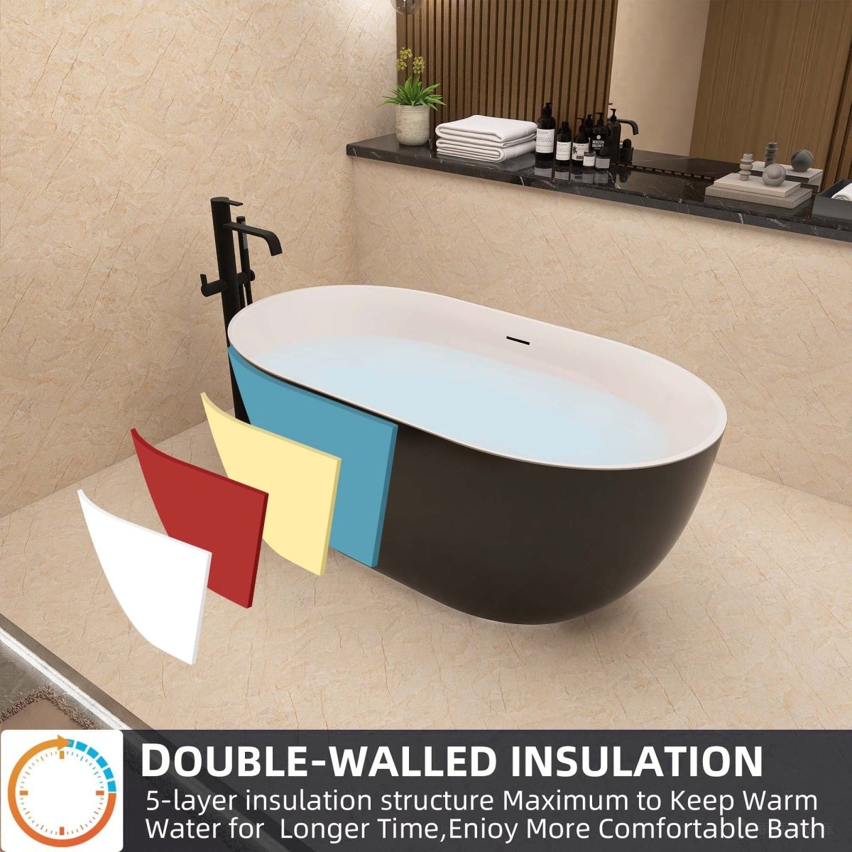 ExBrite 59" Acrylic Bathtub Free Standing Tub Oval Shape Soaking Tub Adjustable Freestanding Chrome Pop-up Drain Anti-clogging Black