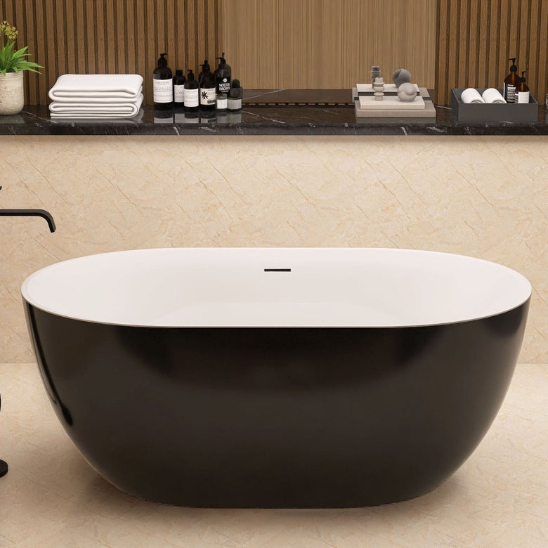 ExBrite 59" Acrylic Bathtub Free Standing Tub Oval Shape Soaking Tub Adjustable Freestanding Chrome Pop-up Drain Anti-clogging Black