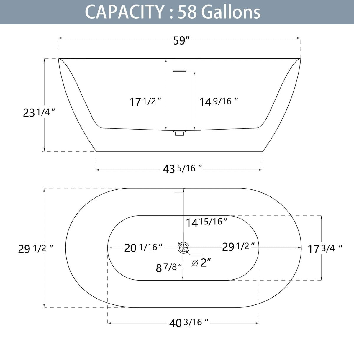 ExBrite 59" Acrylic Bathtub Oval Shape Soaking Tub, Adjustable Freestanding Gloss White