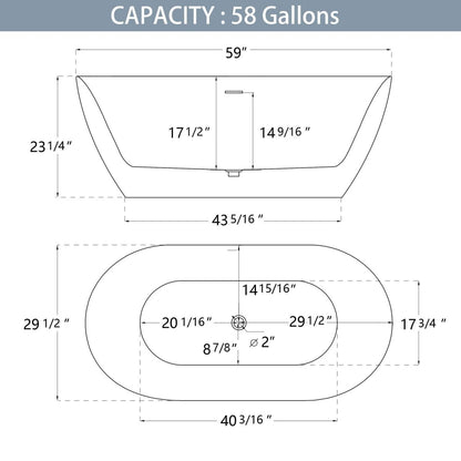 ExBrite 59" Acrylic Bathtub Oval Shape Soaking Tub, Adjustable Freestanding Gloss White