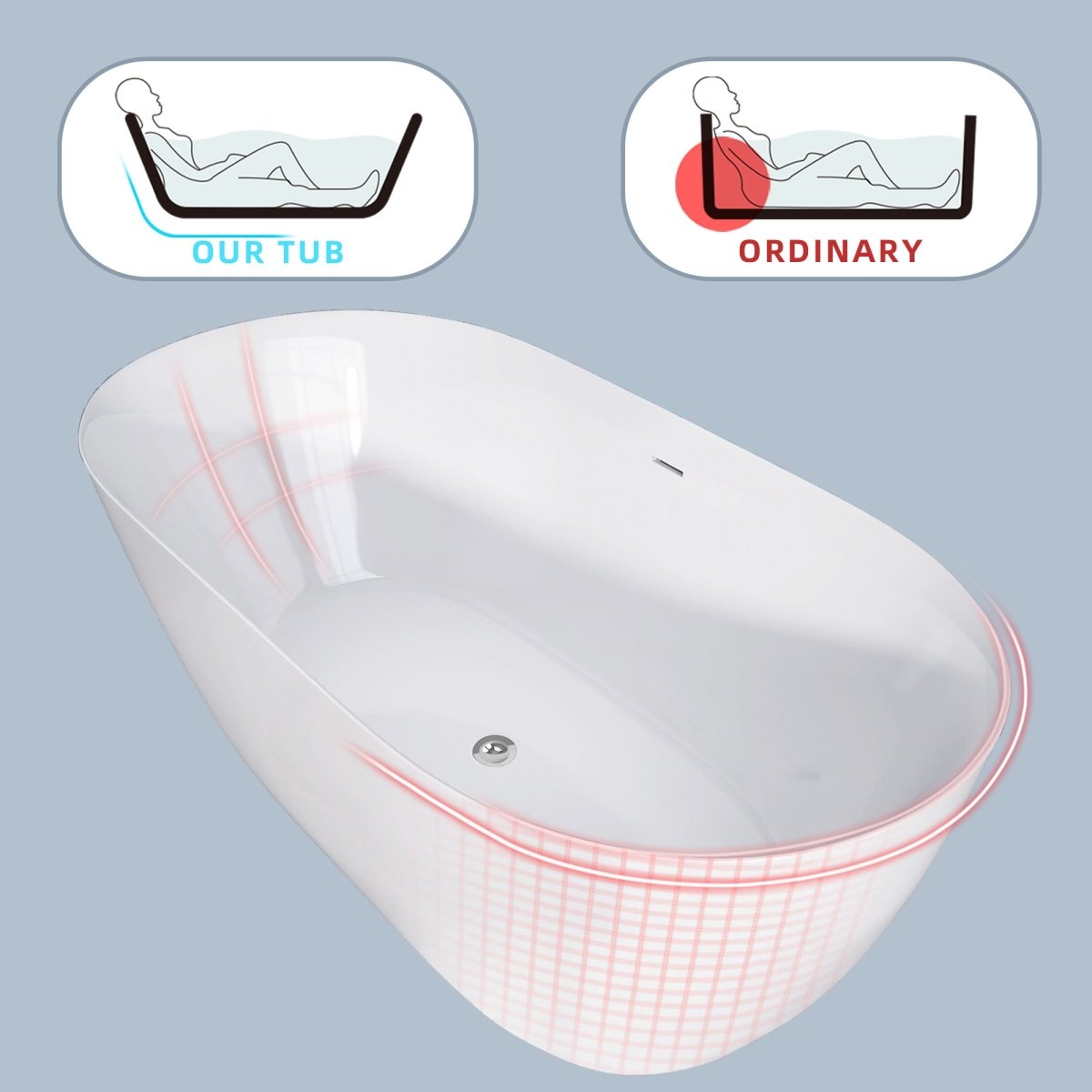 ExBrite 59" Acrylic Bathtub Oval Shape Soaking Tub, Adjustable Freestanding Gloss White