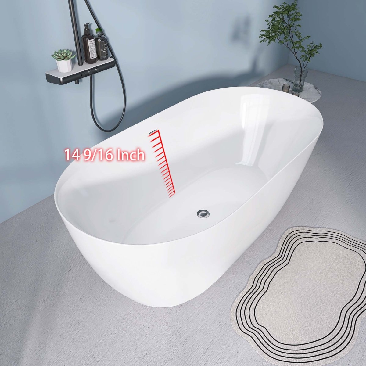 ExBrite 59" Acrylic Bathtub Oval Shape Soaking Tub, Adjustable Freestanding Gloss White