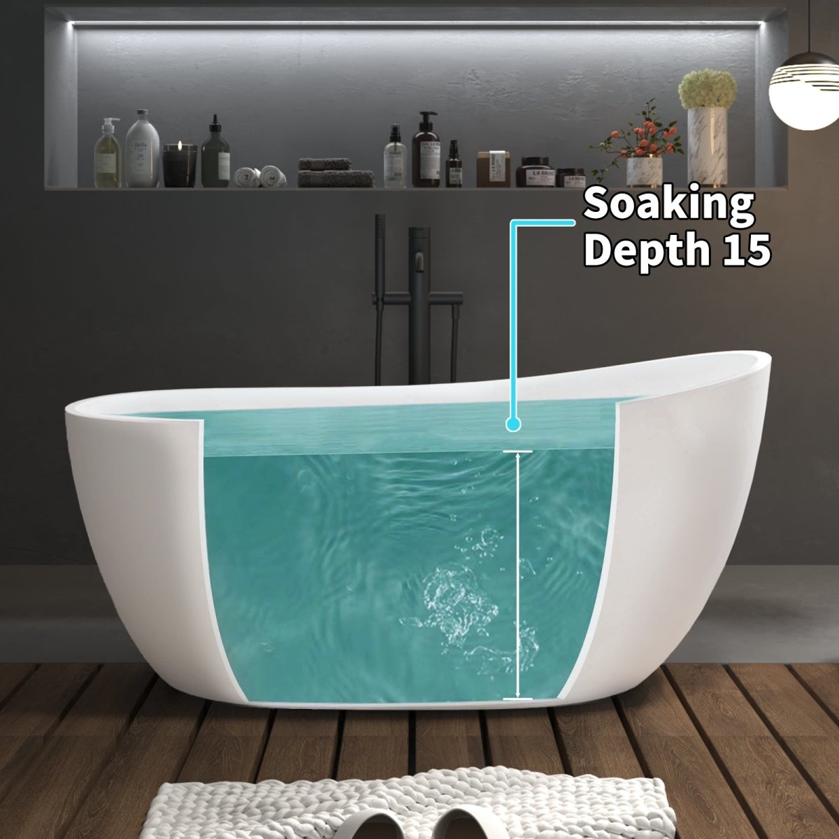 ExBrite 59" Bathtub Acrylic Free Standing Tub Oval Shape Soaking Tub, Adjustable Freestanding Gloss White