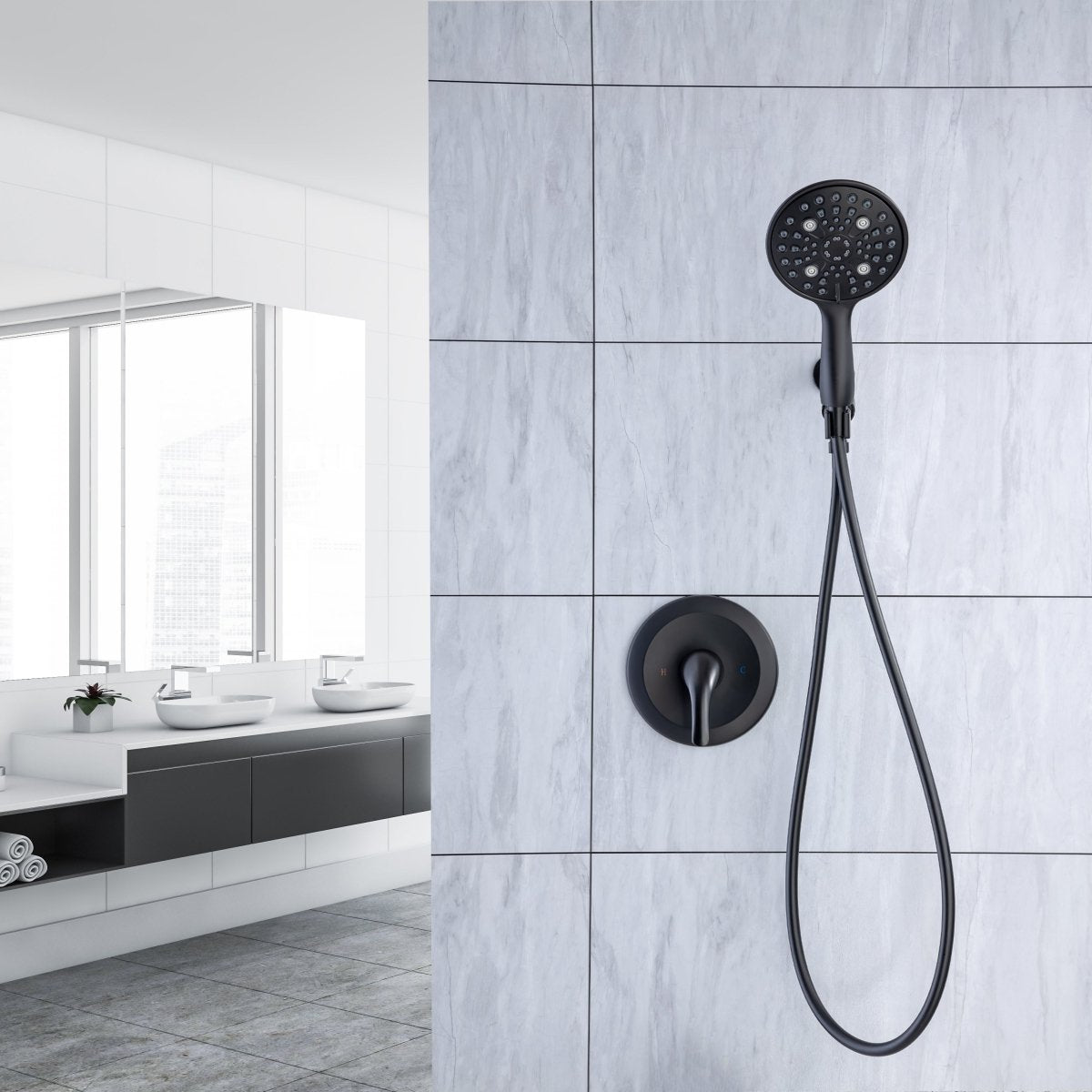 ExBrite 6 Inch Ceiling Mount Black Shower System Shower Combo Set Bathroom Wall Mount Mixer Shower Faucet Rough-In Valve and Shower Arm