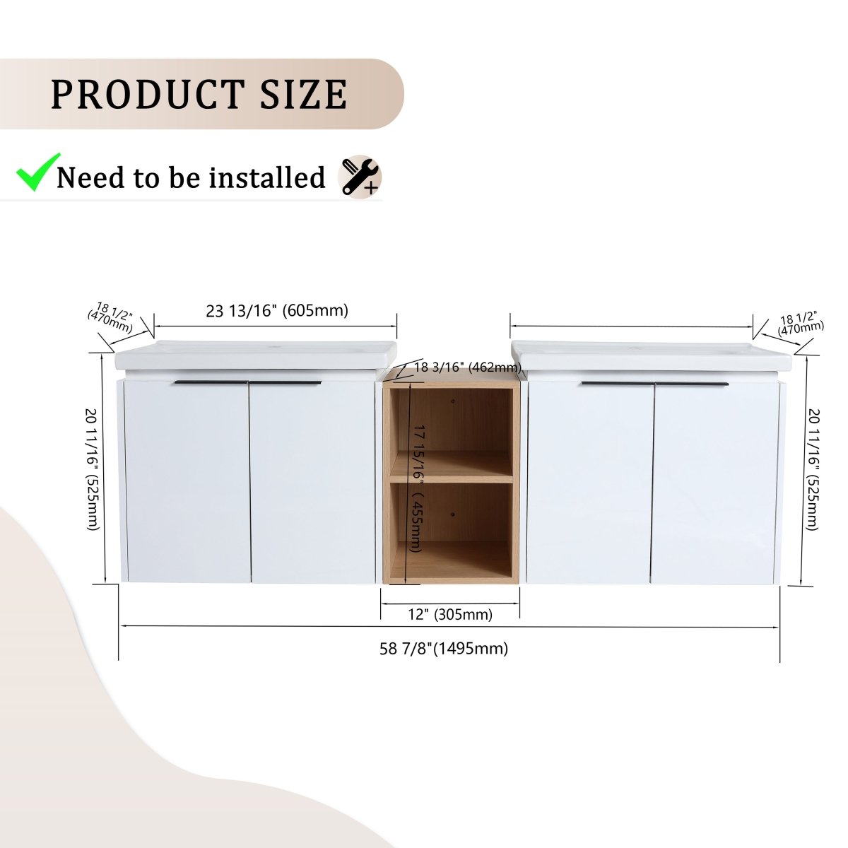 Exbrite 60 Inch Soft Close Doors Bathroom Vanity With Sink, and A Small Storage Shelves