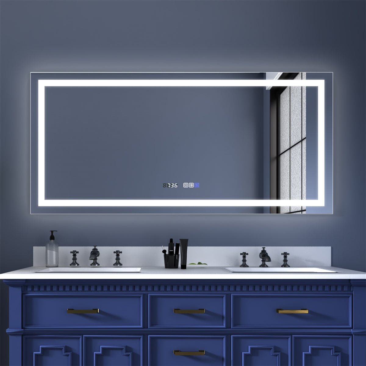 ExBrite 60" W x 28" H Bathroom Light Mirror Fahrenheit Anti Fog with Clock Mirror