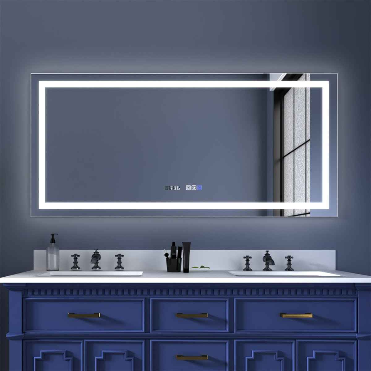 ExBrite 60" W x 28" H Bathroom Light Mirror Fahrenheit Anti Fog with Clock Mirror