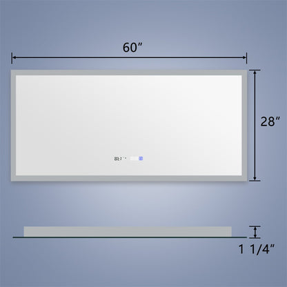 ExBrite 60" W x 28" H Bathroom Light Mirror Fahrenheit Anti Fog with Clock Mirror
