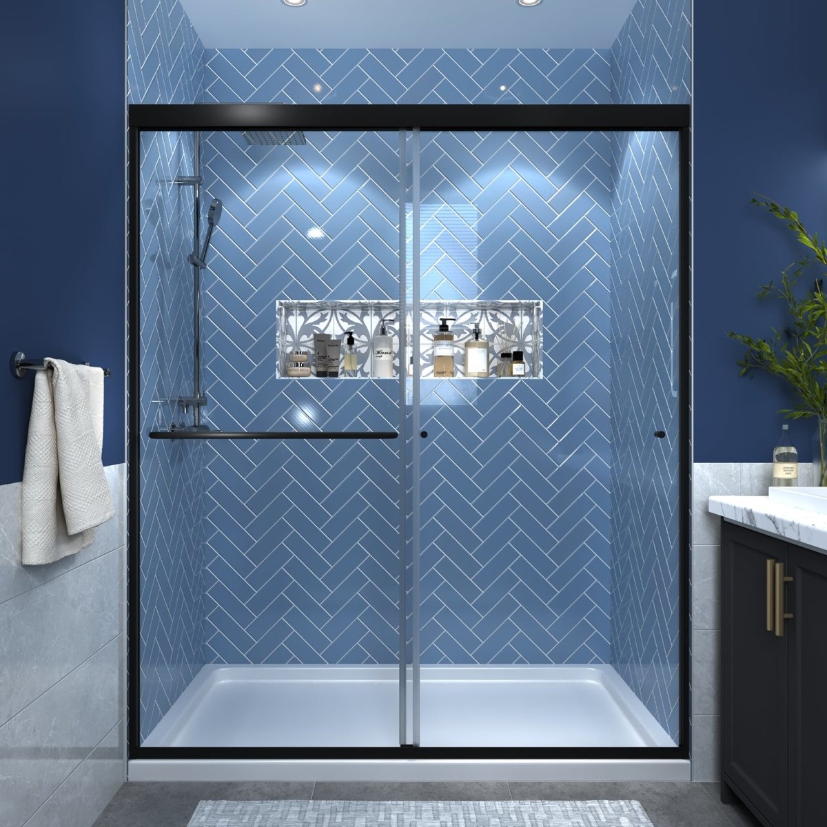 Glide 56-60"W x 70"H Black Frame Clear Tempered Sliding Glass Shower Doors for Bathroom