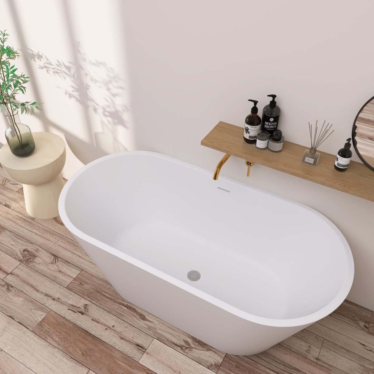 ExBrite 63" Acrylic Free Standing Tub Classic Oval Shape Soaking Tub, Adjustable Freestanding Bathtubs Gloss White