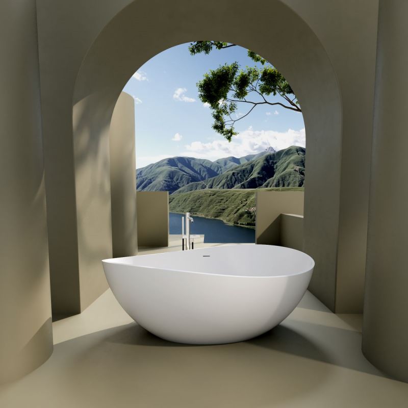 Exbrite 63"W x 37.5"H Matte White Solid Surface Stone Resin Freestanding Soaking Bathtub with Overflow, CUPC Certified