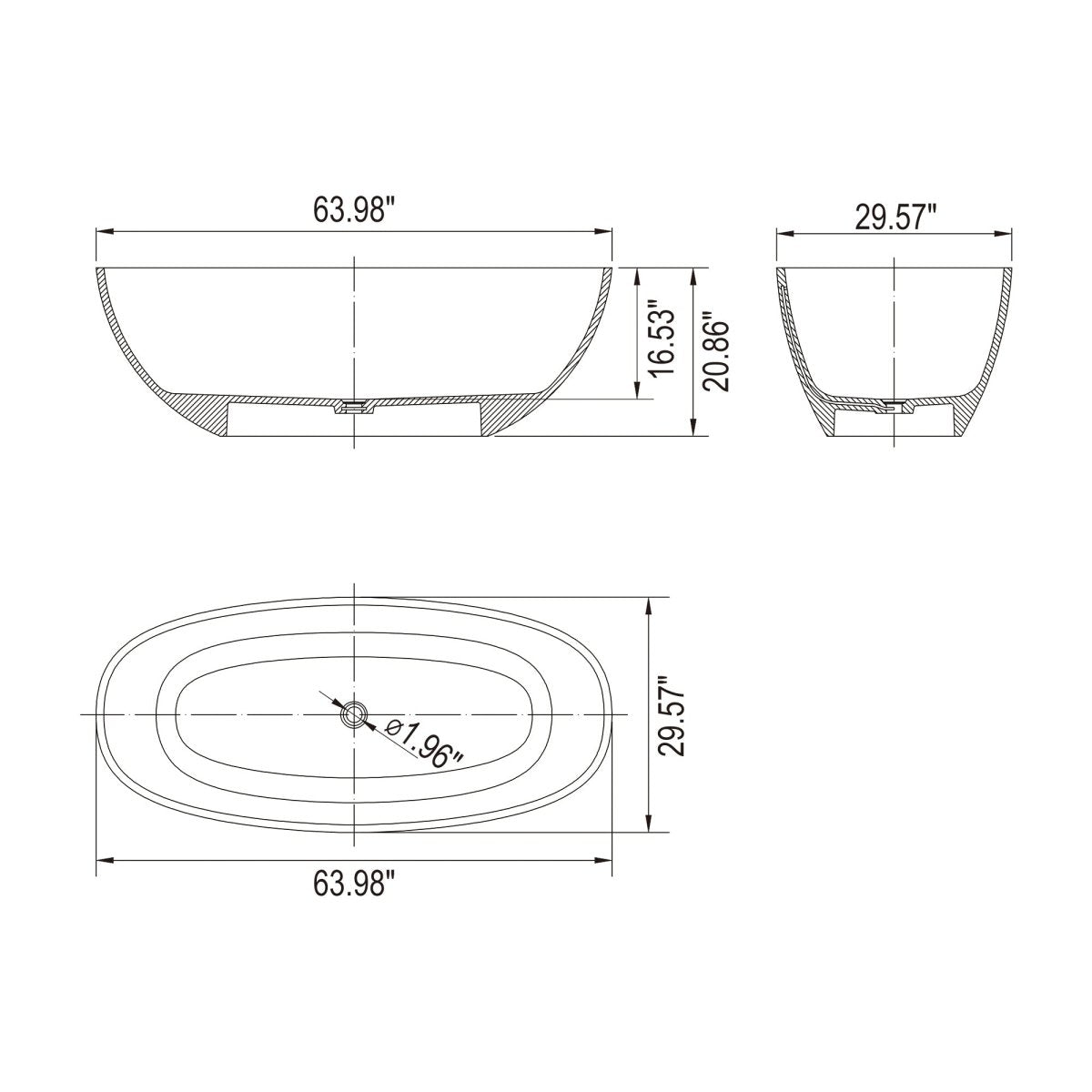 ExBrite 64 inch Freestanding Solid Surface Soaking Bathtub For Bathroom