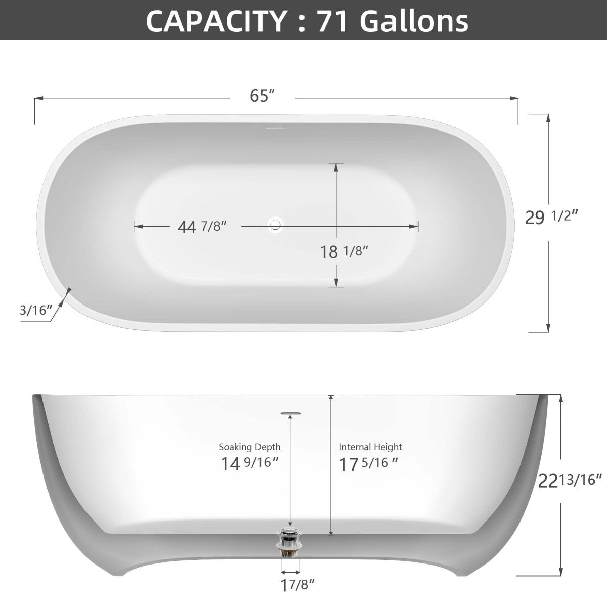 ExBrite 65" Acrylic Freestanding Bathtub Classic Oval Soaking Tub Adjustable Gloss White
