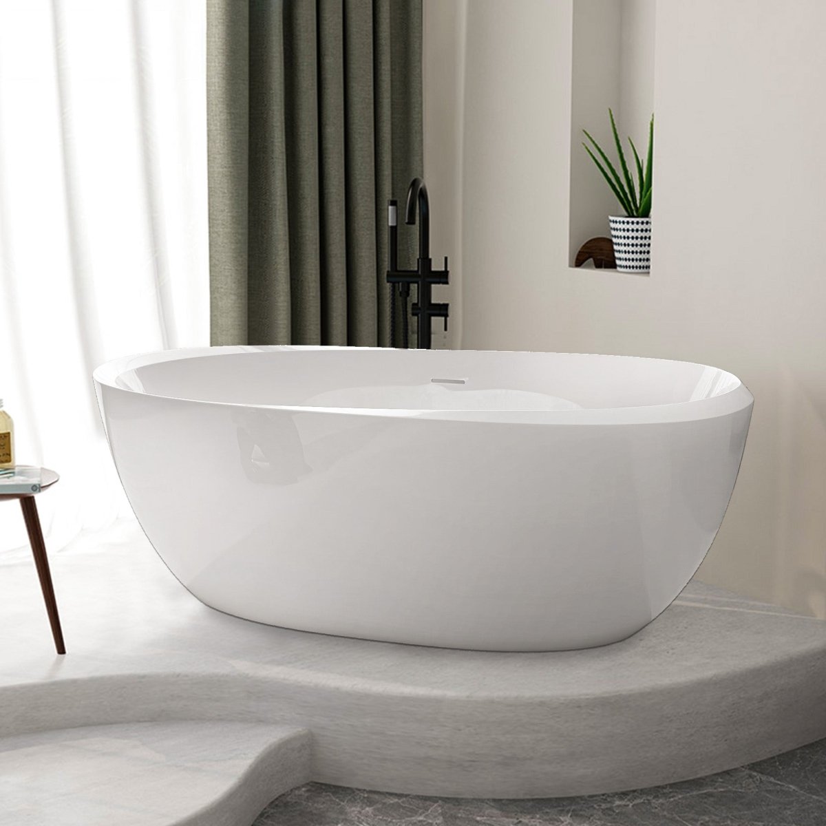 ExBrite 65" Acrylic Freestanding Bathtub Classic Oval Soaking Tub Adjustable Gloss White