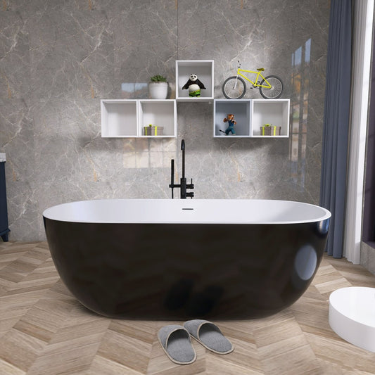 ExBrite 65" Bathroom Bathtub Acrylic Oval Shape Soaking Tub Adjustable Freestanding Anti-clogging Black - ExBriteUSA